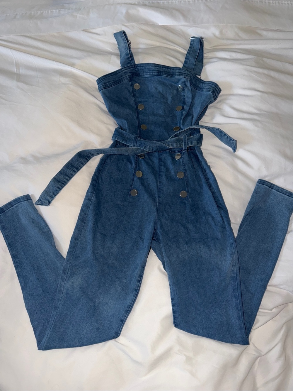 GUESS Denim Button-Front Jumpsuit - Blue